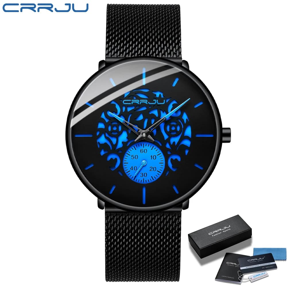 Men Watch Fashion CRRJU 2021 Men's Blue Ultra-thin Mesh Strap WristWatch Retro Hollow Flower Cool Casual Waterproof Men Watch