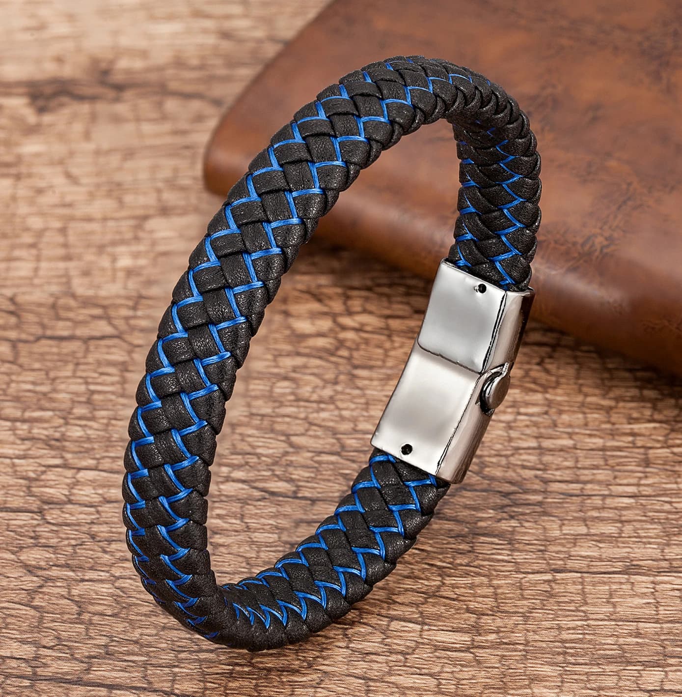 Braccialetti della corda intrecciati neri degli uomini del braccialetto del cuoio genuino di modo per il commercio all'ingrosso dei gioielli dei braccialetti magnetici del fermaglio del metallo maschio