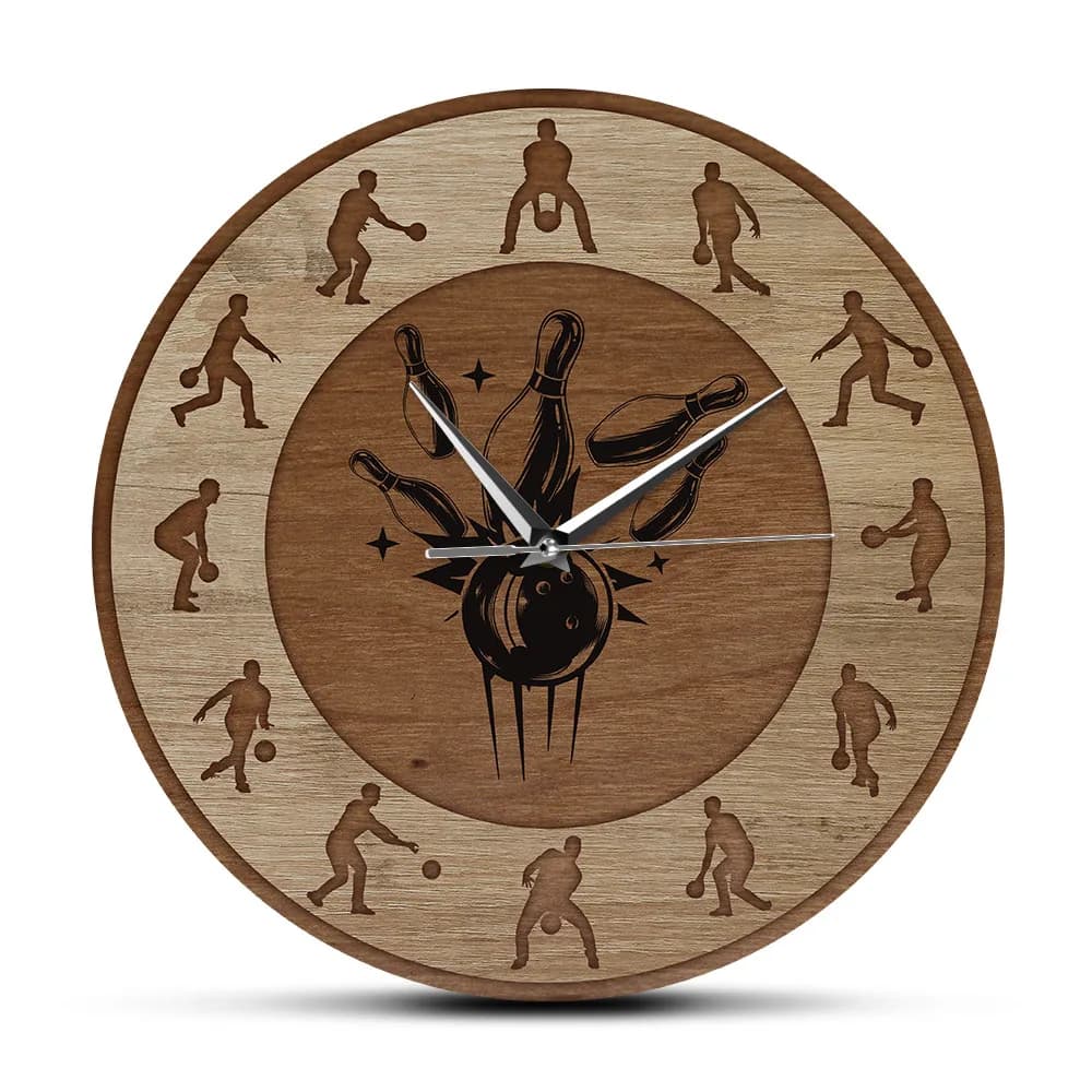 Bowling Shot Wall Clock Printed with Wood Frame Sports Art Silent Quartz Wall Clock Rustic Bowling Wall Clock Alley Gift for Bowls