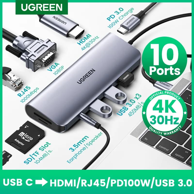 UGREEN USB C HUB 10 in 1 Type C to HDMI 4K USB3.0 VGA PD100W SD and TF 3.5 mm USB Splitter for MacBook iPad Docking Station laptop