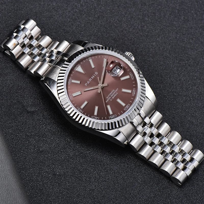 Moda Parnis 39.5mm quadrante marrone orologi automatici da uomo calendario 21 gioielli orologio meccanico da uomo Reloj Hombre Marca De Lujo regalo