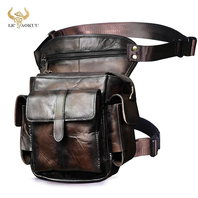 Soft Original Leather Men Design 8" Messenger Shoulder Bag Multi-function Coffee Fanny Waist Belt Pack Leg Drop Bag Pouch 913-5