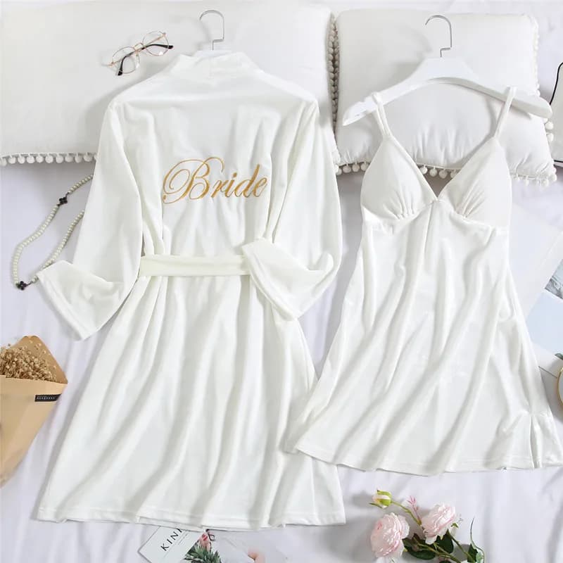 Bride Bridesmaid Wedding Robe Women Velour Nighty&Robe Set Sleepwear Velvet Embroidery Kimono Gown Intimate Lingerie