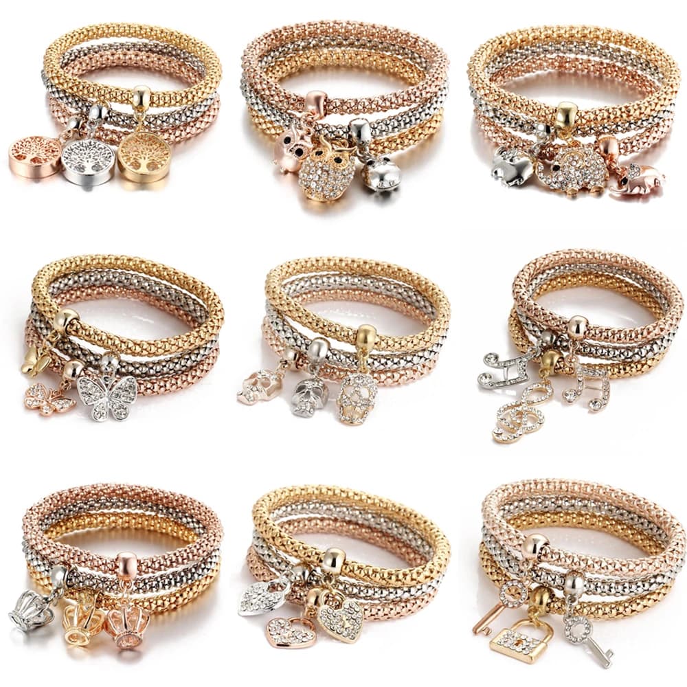 3 colori/lotto albero della vita set di braccialetti elastici per le donne gufo di cristallo serratura chiave nota musicale farfalla cuore fascino braccialetto gioielli