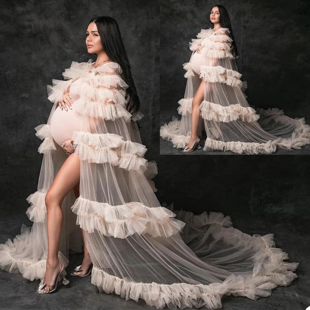 New Pregnant Women Photo Robes Sexy V-Neck Short Sleeves Lace Mermaid Sleepwear Bathrobe Ladies Mesh Prom Bridesmaid Shawel