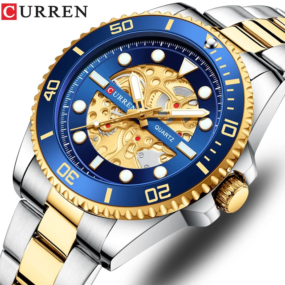 CURREN Orologi Orologio da polso al quarzo dal design meccanico imito da uomo con cinturino in acciaio inossidabile Orologi da polso luminosi da uomo con scatola