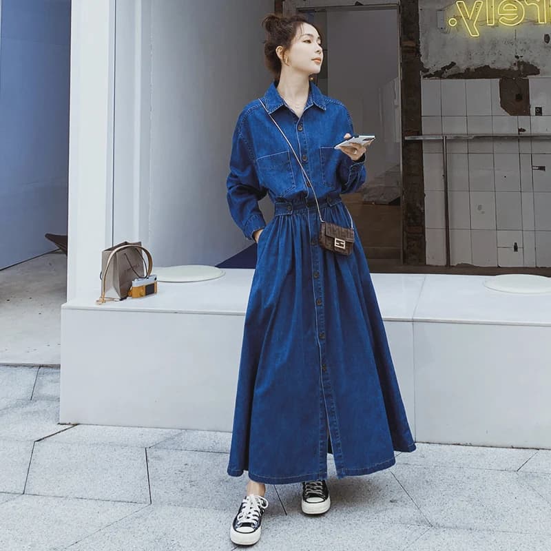 Abito in denim a maniche lunghe donna 2021 primavera estate moda stile coreano maxi jeans alla caviglia abiti da donna capispalla di lusso
