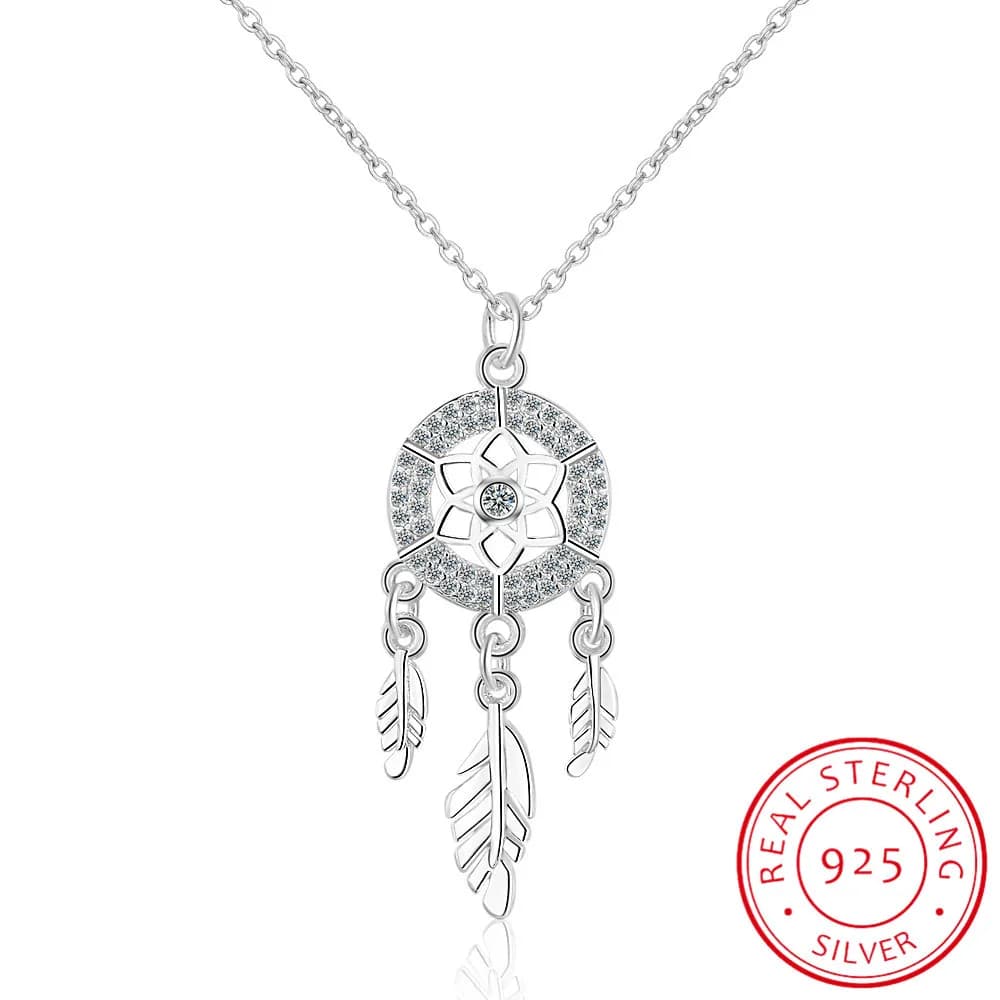100% 925 Sterling Silver Dreamcatcher feather Charm Necklace Pendant Silver Dream Catcher Pendant Statement Choker Necklace