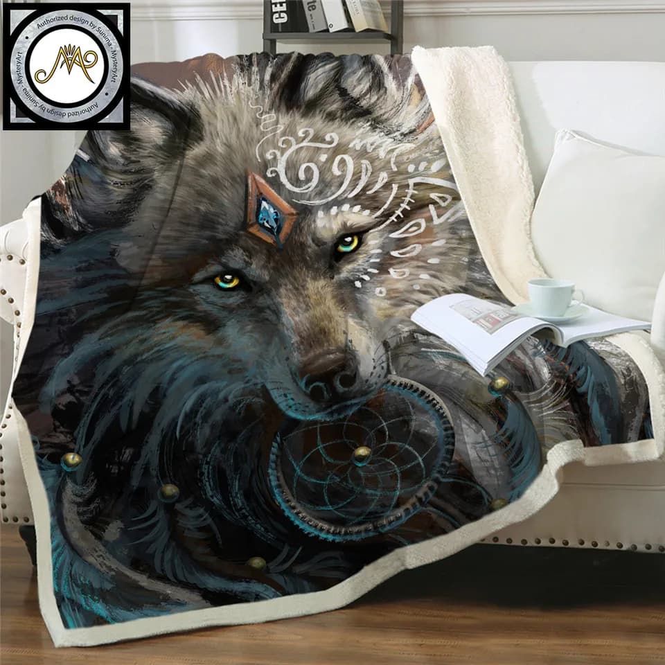 Wolf Warrior by SunimaArt Beds Blanket Soft Sherpa Fleece Blanket Plush Bedclothes Wolf Dreamcatcher Throw Blanket cobertor