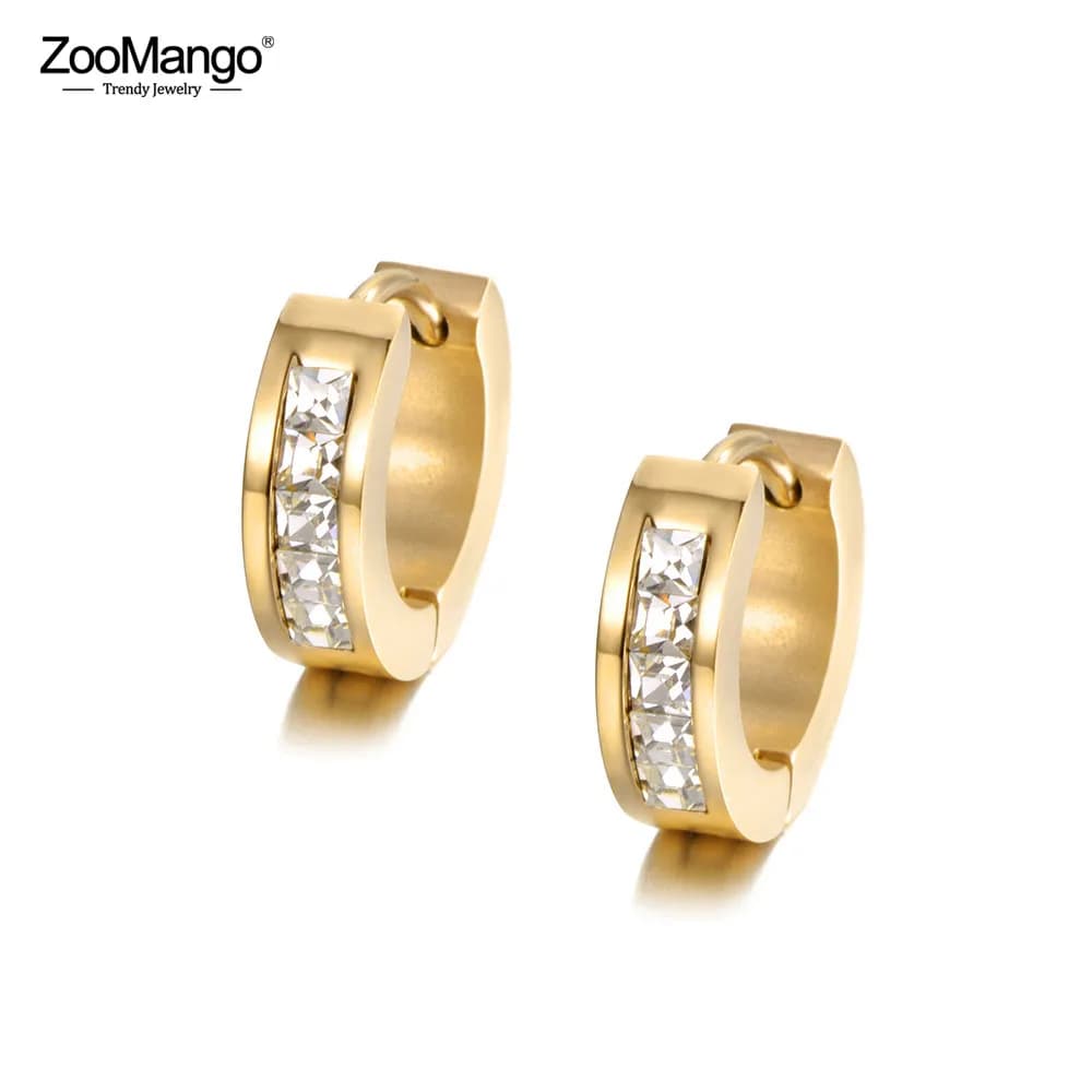 ZooMango Fashion Cubic Zirconia Hoop Earrings Jewelry Stainless Steel Rose Gold Color & Silver Color Women Rhinestone ZE18484