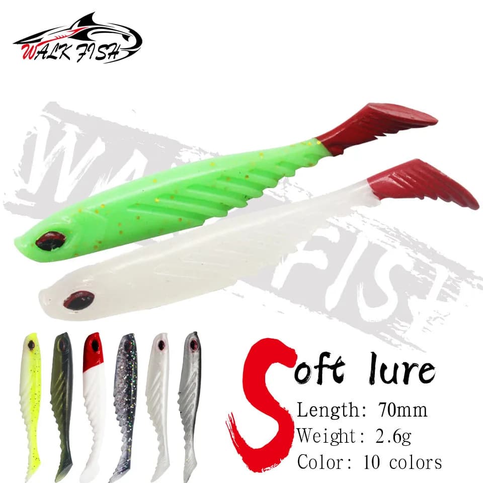 WALK FISH 5 pz/lotto Silicone esca morbida vermi esche da Pesca Jig Wobblers 70mm 2.6g t-tail gomma artificiale richiamo Shads Bass Pesca