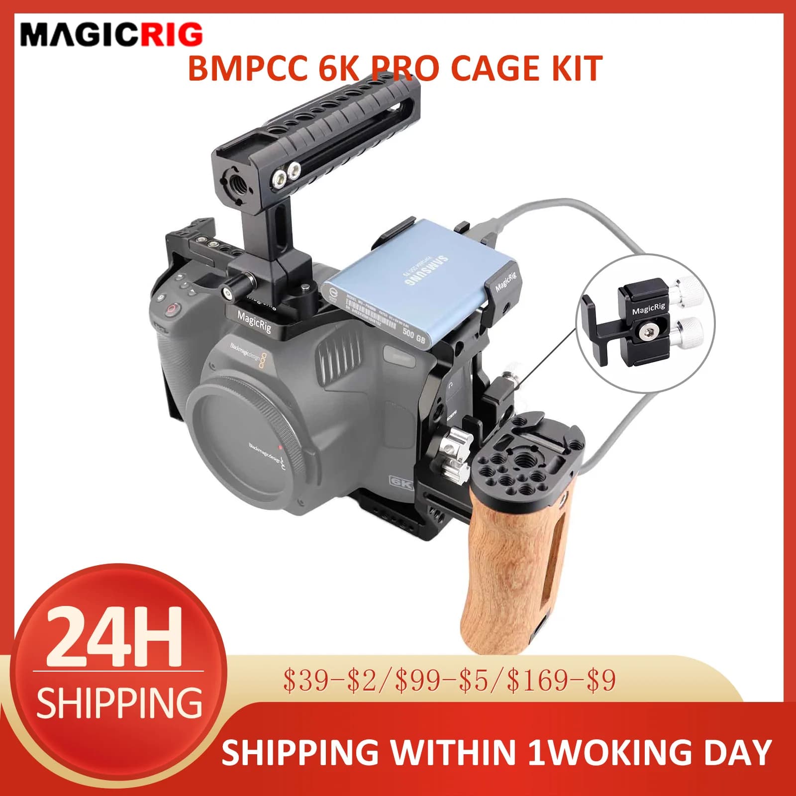 MAGICRIG cage kit for BlackMagic BMPCC 6K Pro, with NATO Superior Grip, NATO Binary, Lateral Grip, SSD Support, HDMI/USB-C Cable Lock