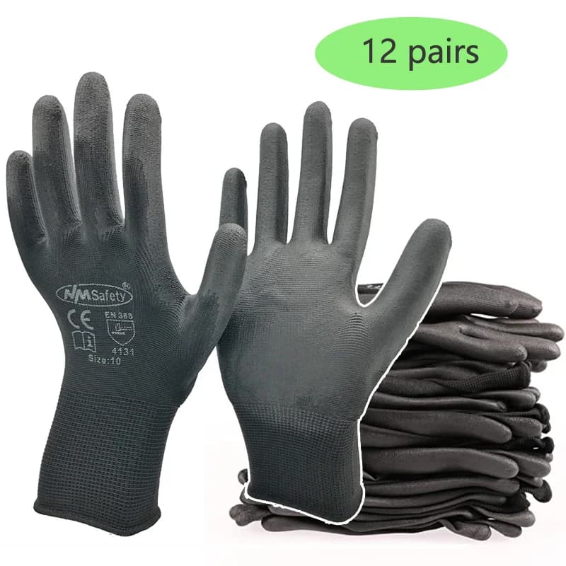 24 pezzi/12 paia di guanti da lavoro di sicurezza protettivi industriali in nitrile PU nero con guanti da palmo rivestiti in maglia di cotone e nylon