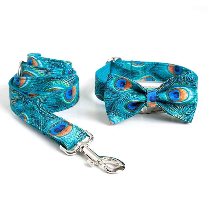 Set collare e guinzaglio per cani da compagnia Collare per cani personalizzato personalizzato con fiocco Collare di design con motivo pavone di lusso per fibbia in metallo per cani