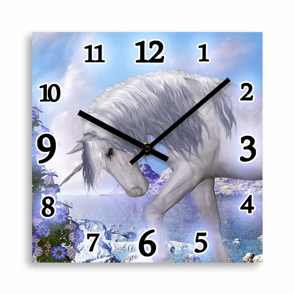 Orologio da parete quadrato dal design moderno con unicorno e fiori a campana blu, per la cameretta dei bambini, decorazioni per la casa, opere d'arte fantasy, orologio da parete silenzioso