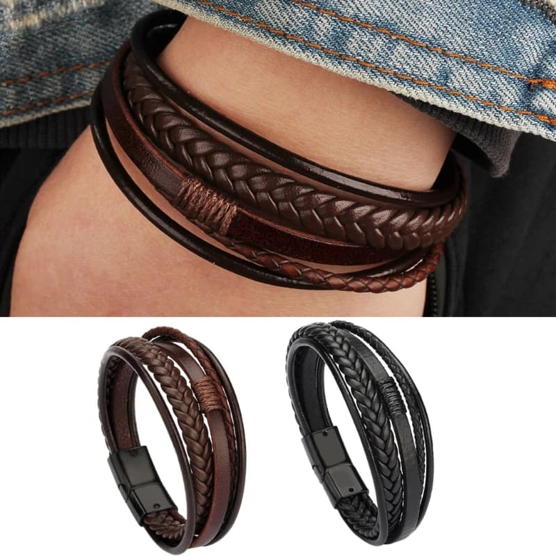 Bracciale da uomo in pelle con chiusura magnetica Bracciale da uomo in pelle intrecciata multistrato in pelle di vacchetta Regalo di gioielli neri e marroni