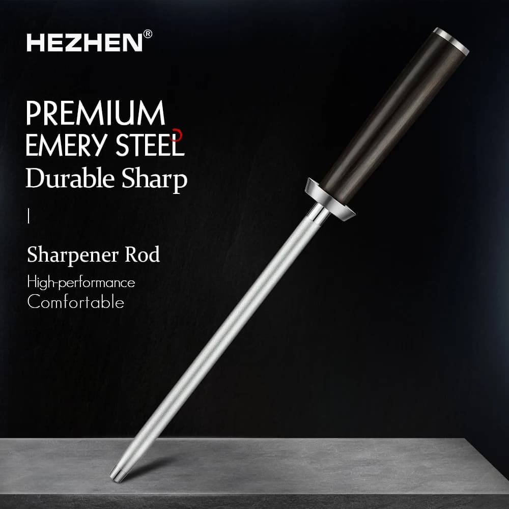 HEZHEN serie classica affilacoltelli da cucina asta in acciaio ad alto tenore di carbonio sryayed smeriglio utensili da cucina confezione regalo in legno massello di ebano