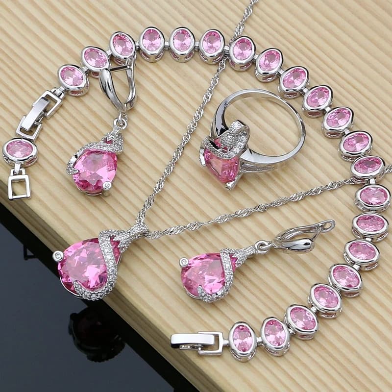Regalo romantico Set di gioielli in argento sterling 925 Set di orecchini da sposa di moda con zirconi rosa Dropshipping
