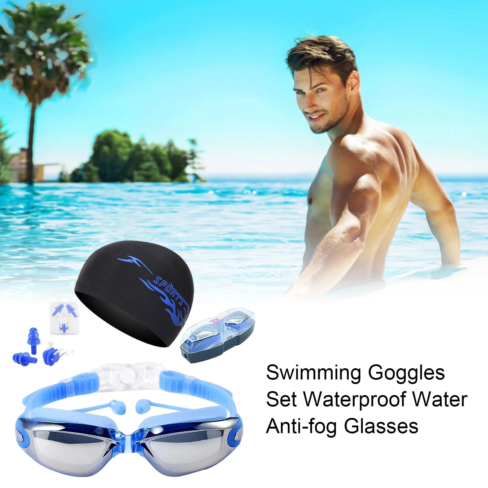Set of equipment for swim glasses Anti-UV anti-fog waterproof seal double layer 3D glasses ear cap Clip for nose swimming head