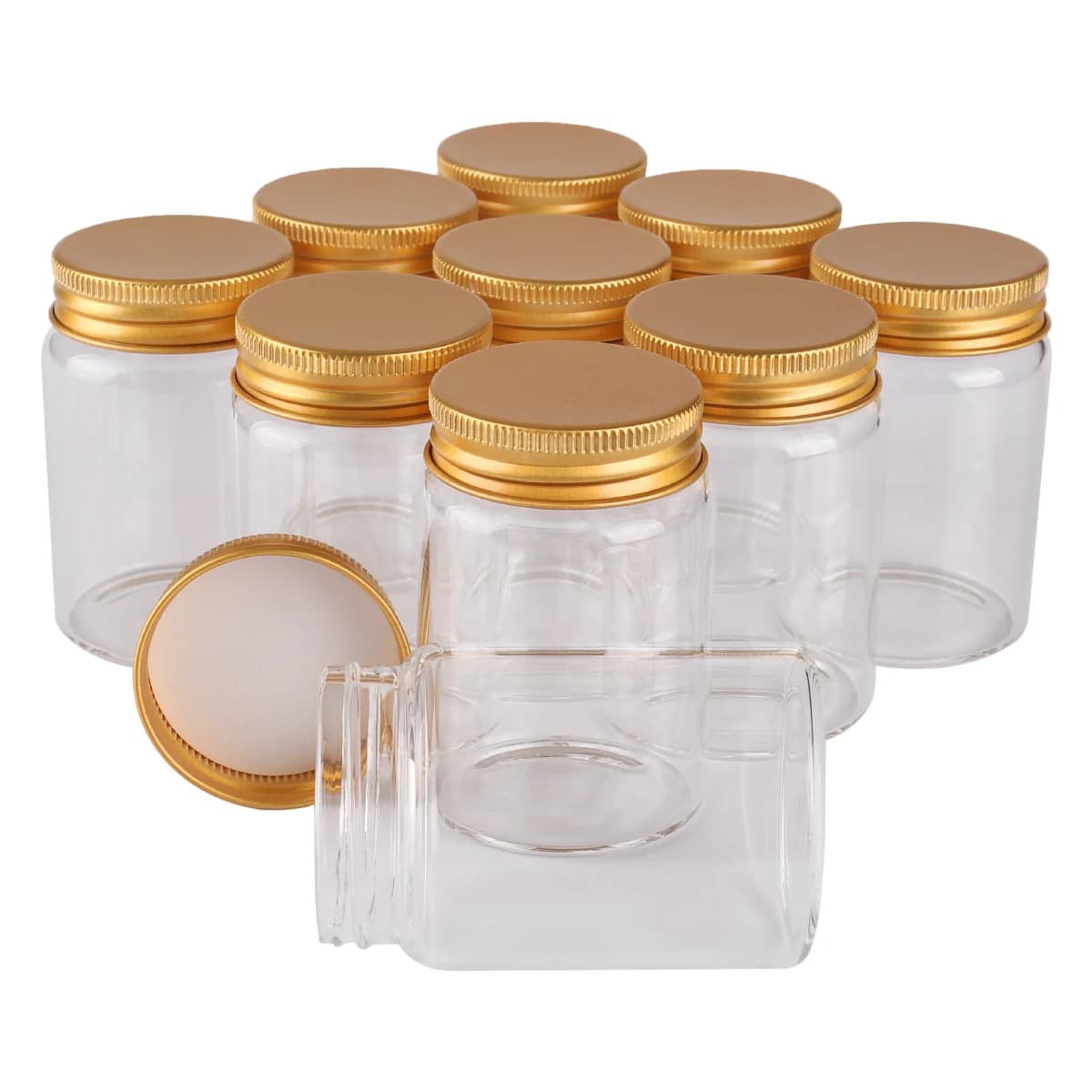 12 pezzi 80ml 47*70*34mm bottiglie di vetro con tappi in alluminio dorato bottiglie di spezie contenitore per pillole vasetti di caramelle fiale per regalo di nozze