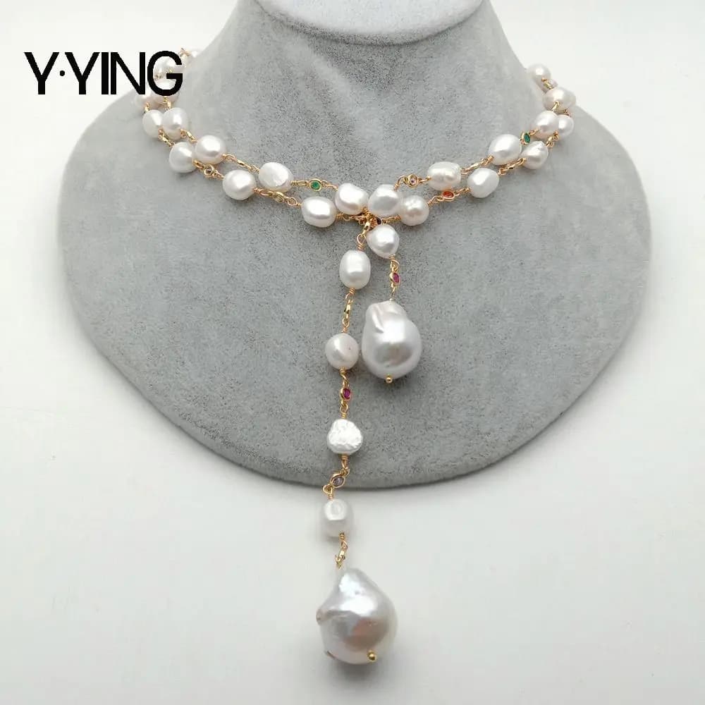 Y -ying 128cm bianco d'acqua dolce Keshi perla bianca perla barocca colore misto Cubic Zirconia Pave Chain collana lunga gioielli da donna