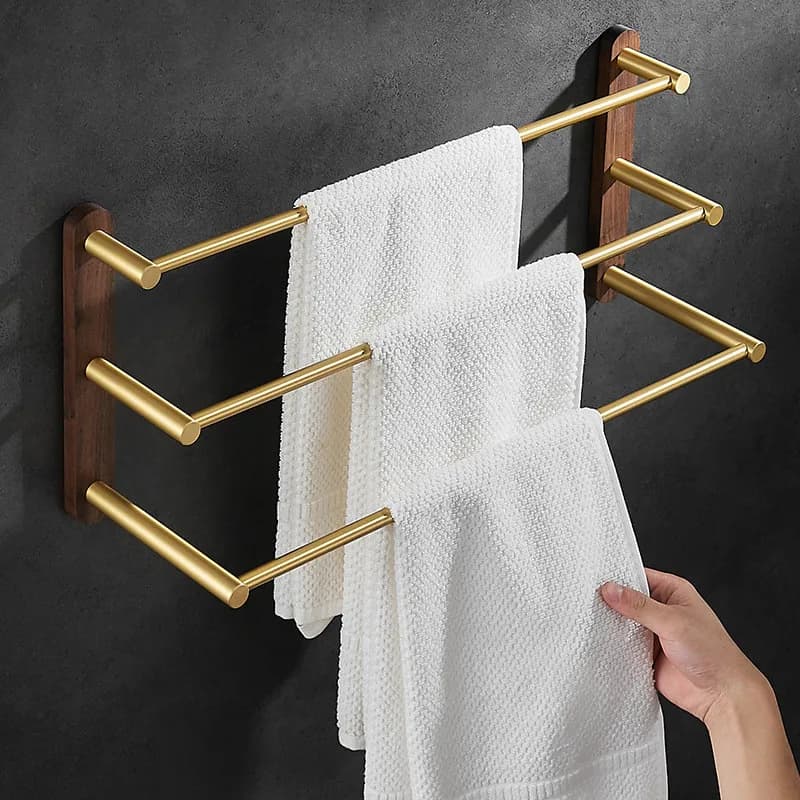 Tuqiu Towel Hanger Del Chiodo di Trasporto 38-48 CM Asciugamano Cremagliera Bagno In Legno e Alluminio Spazzolato Tovagliolo Oro Bar Ferroviario tre Bar Towel Holder