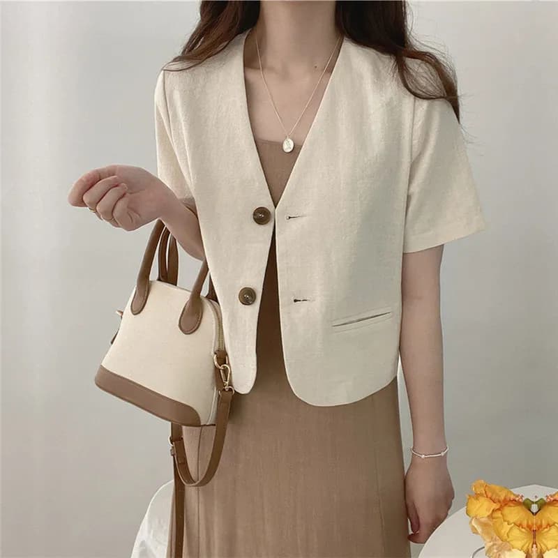 Giacca corta da donna in lino di cotone moda coreana giacca da donna con scollo a V manica corta da ufficio giacca da abito con bottoni moda coreana 2025