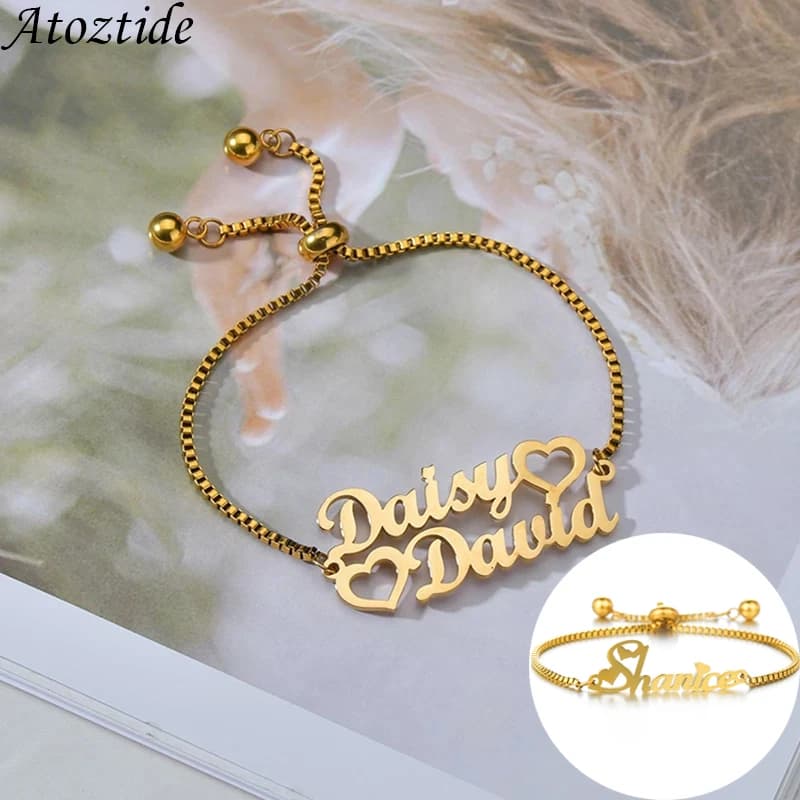 Atoztide Bracciale personalizzato con 1-2 nomi Bracciale con ciondoli in acciaio inossidabile Bracciale con catena elasticizzata con lettera per regalo di gioielli da donna