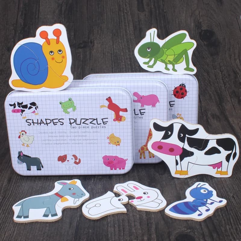 Puzzle in legno per bambini in scaglie di grandi dimensioni, educazione precoce, coppia di cognizioni di frutta animale, set di puzzle con scatola di metallo per regalo per bambini