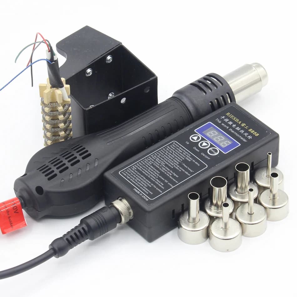 Riesba 8858 PLUG Portable BGA Rework Solder Station with Hot Air Blower Heat Gun Nozzle Brush Tweezers - Welding Tools Kit