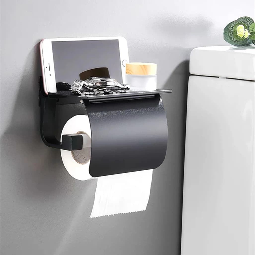 Portarotolo per Carta Igienica in Alluminio Nero con Ripiano, Dispenser da Parete per Bagno con Mensola Porta Telefono