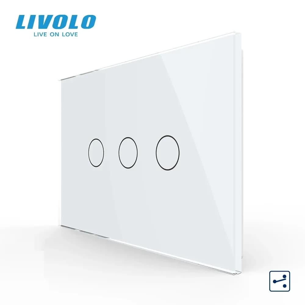 Interruttore a parete Standard originale Livolo US/AU, VL-C903S-11, pannello in cristallo bianco, interruttore della luce di controllo Touch a 2 vie a 3 bande