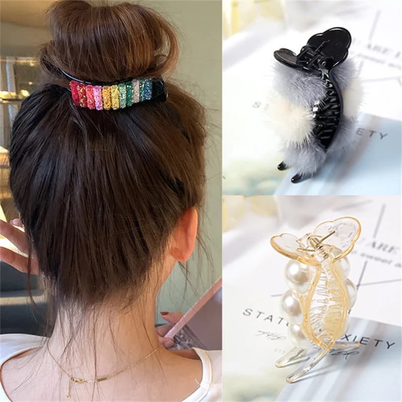 Fermagli per capelli arcobaleno coreano granchi artiglio visone lanugine palla per capelli per barrette panino morsetti per capelli perla tornante accessori per capelli coda di cavallo