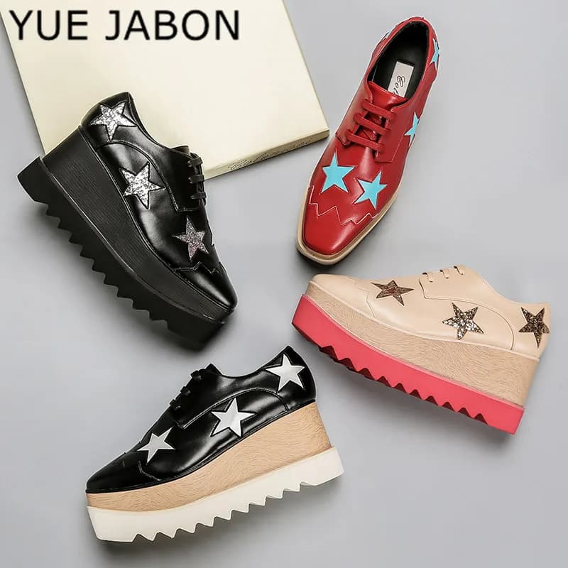YUE JABON donna Stelle Mocassino Punta quadrata Stringate Fondo spesso Piattaforma Scarpe con zeppa Altezza crescente stella Scarpe casual da donna