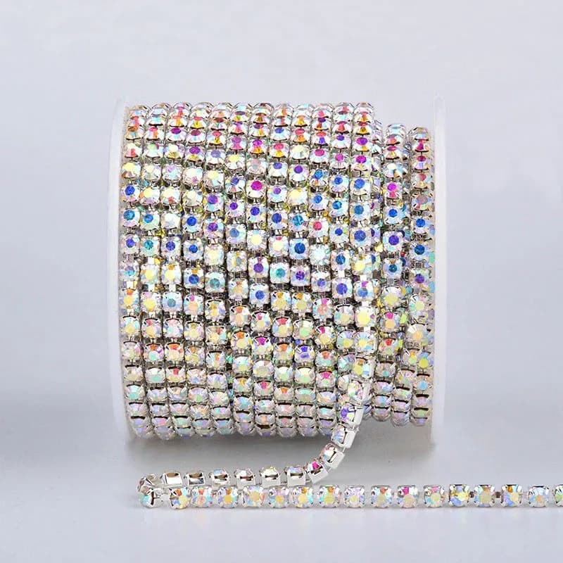 10 Yards Crystal AB Strass chiudi catena trasparente Trim cucito argento Base tazza catena Strass di cristallo pietra di vetro cucire su Strass