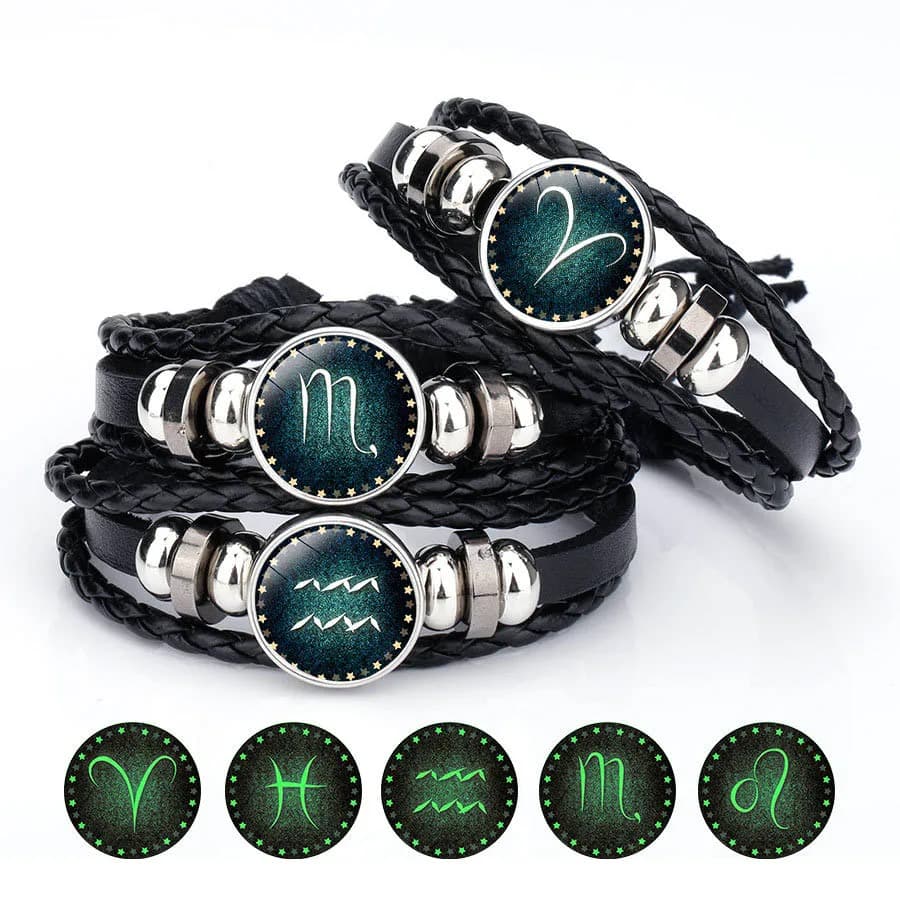 12 Zodiac Sign Glow in The Dark bracelet & Bangle For Women Men Glass Constellations Charm Leather Rope Chains Fashion Jewelry