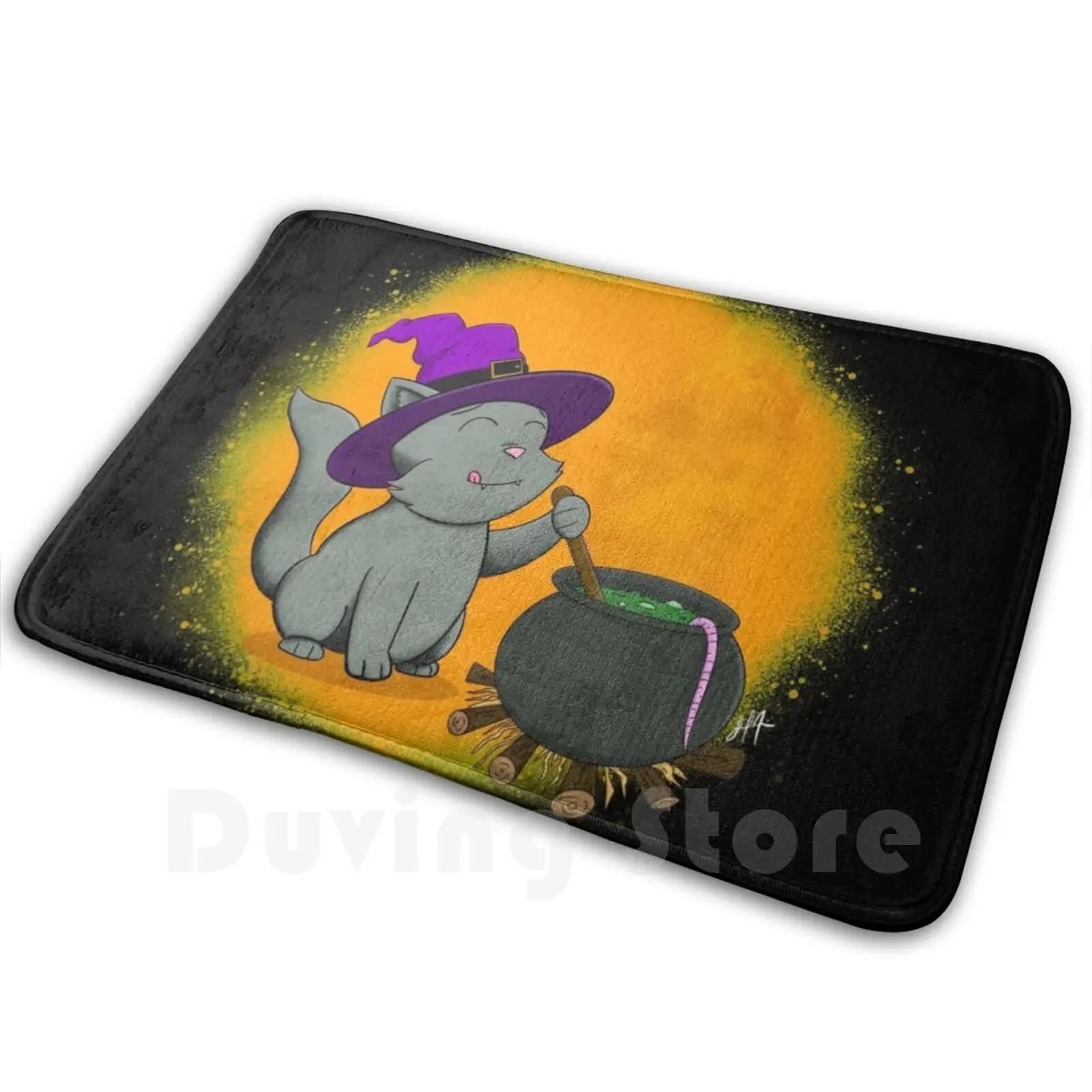 Witchy Kitty Carpet Mat Rug Cushion Soft Non-Slip Halloween Kitten Spooky Cute Cartoon