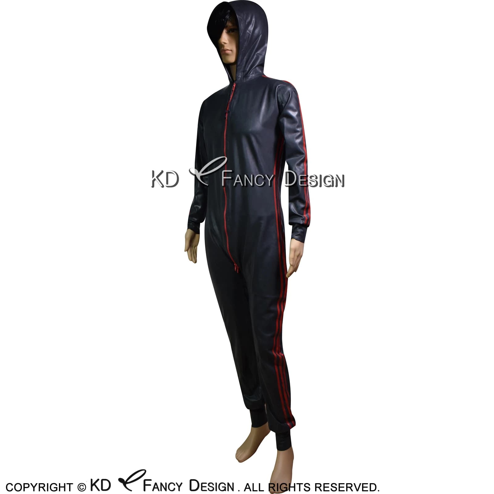 Black And Red Sexy Latex Catsuit With Hoodies Three Stripes Two Sides Zipper Rubber Bodysuit Zentai Overall Jumpsuit LTY-0216