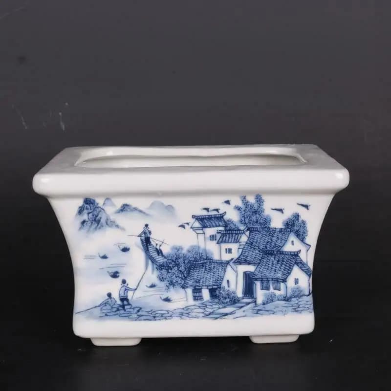 Vaso da fiori in stile cinese blu e bianco in porcellana con Design paesaggistico 7"