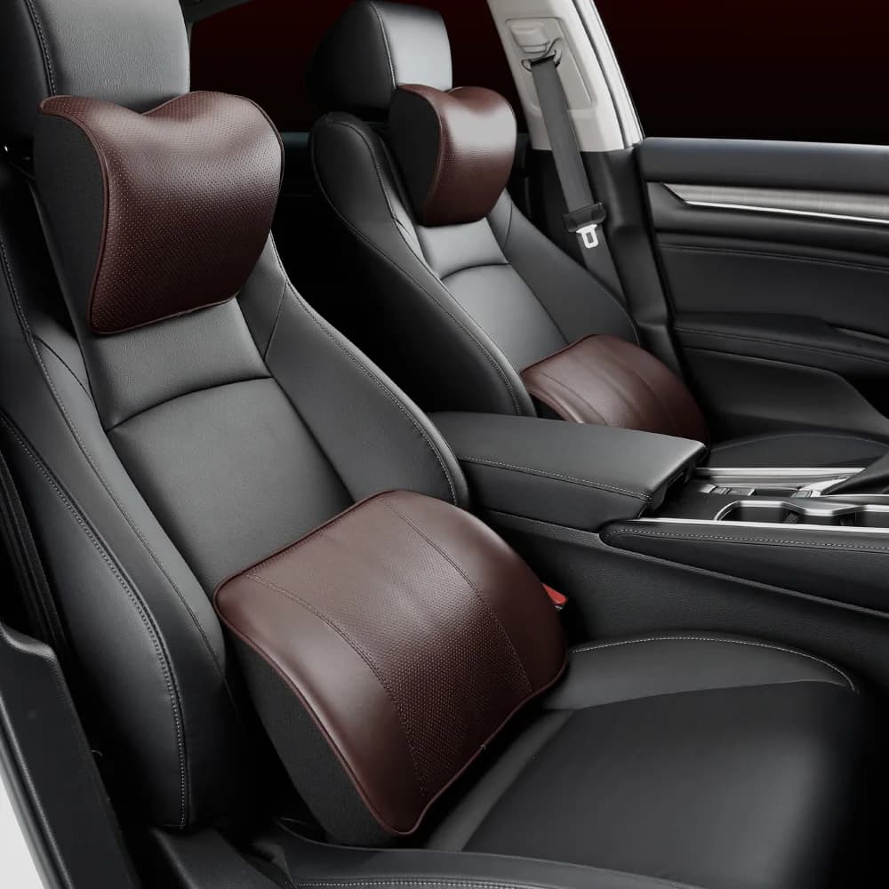 Set di cuscini per Auto con foro traspirante sedile Auto in vera pelle poggiatesta posteriore supporto lombare per la vita cuscino per la schiena Memory Foam nero