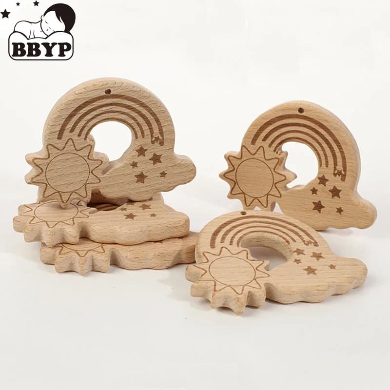 2 pezzi BPA gratuito massaggiagengive in legno arcobaleno ponte nuvola sole ciuccio pendenti faggio masticare dentizione molare giocattoli accessori da palestra