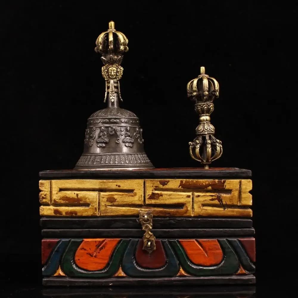 9"Tibetan Temple Collection Old Bronze Old Ringing Bell Buddha Bell Vajra Amulet Bodhi Root Box Worship Hall Town House