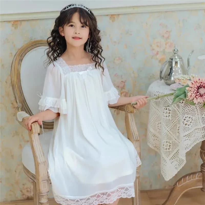 Tinta unita estate sottile neonata camicia da notte a maniche corte camicia da notte per bambini stile principessa pigiama in rete di pizzo da ragazza