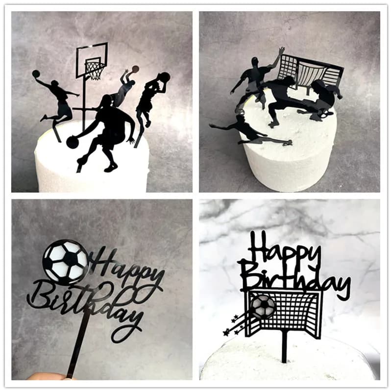 Nuovo topper per torta da calcio in acrilico Basket creativo Bandiere per torta di buon compleanno per ragazzo Compleanno Festa sportiva Decorazione torta fai da te