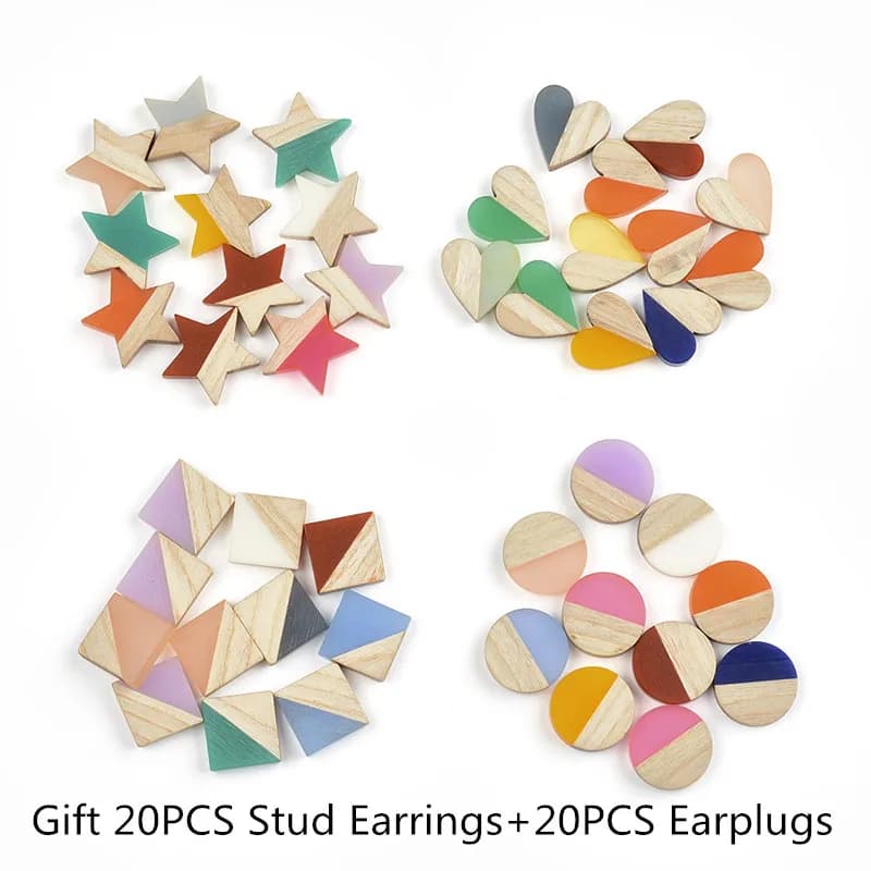20PCS Square Round Star Heart Jewelry Accessories Natural Wood Resin Stick Shape DIY Earrings Making Hand Made Earring Findings