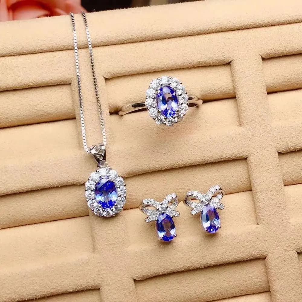 Set di gioielli in vero tanzanite naturale, vero tanzanite naturale, argento sterling 925, 1 ciondolo, 1 anello, 2 orecchini