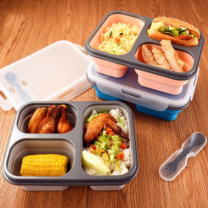 Scatola da pranzo pieghevole in silicone da 1100 ml Scatola da pranzo portatile riscaldata a microonde Scatola di conservazione quadrata in silicone Forniture da cucina