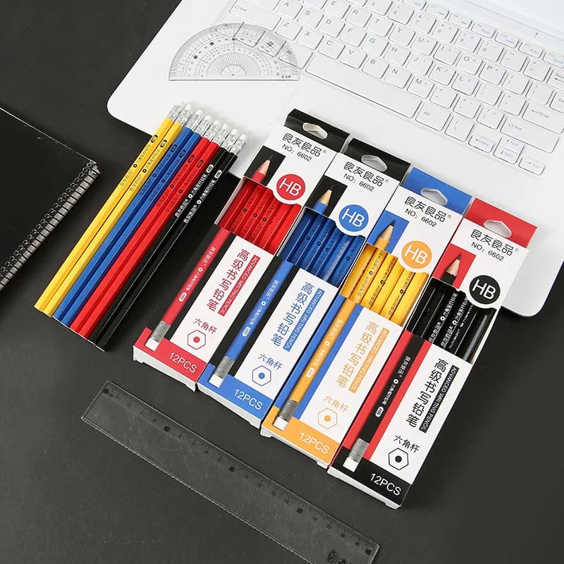 12 pcs/box Kawaii Wooden Lead Pencils HB Solid Color Business hexagon Pencil With Eraser For Kid Gifts School Office stationery