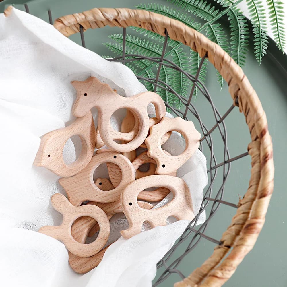 10 pz massaggiagengive in legno animali faggio dentizione afferrare giocattolo animale in legno roditore bambino massaggiagengive ciondolo catena ciuccio fai da te merci per bambini