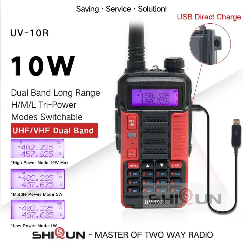 Baofeng UV-10R Walkie Talkie professionale 10W Dual Band bidirezionale CB Ham Radio 10 KM HF Ricetrasmettitore VHF UHF UV 10R USB